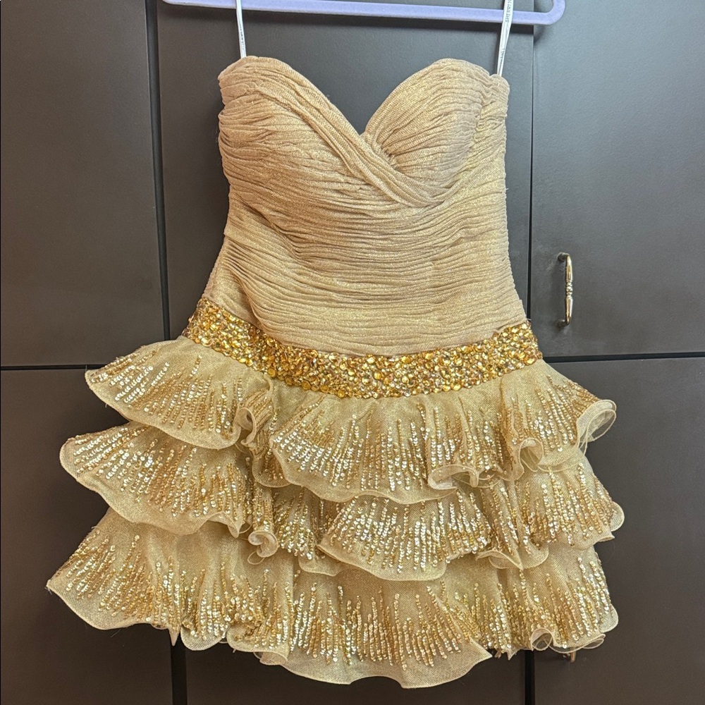 Gold Strapless Sherri Hill Ruffled Dress Sz 6